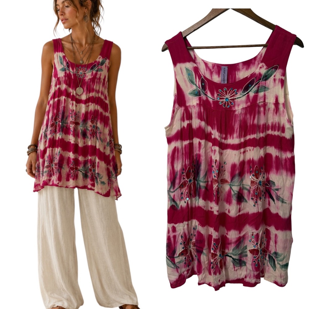 Women Free Size Tunic Top Pink Tie Dye Embroidered Sequin Boho Festival Hippie